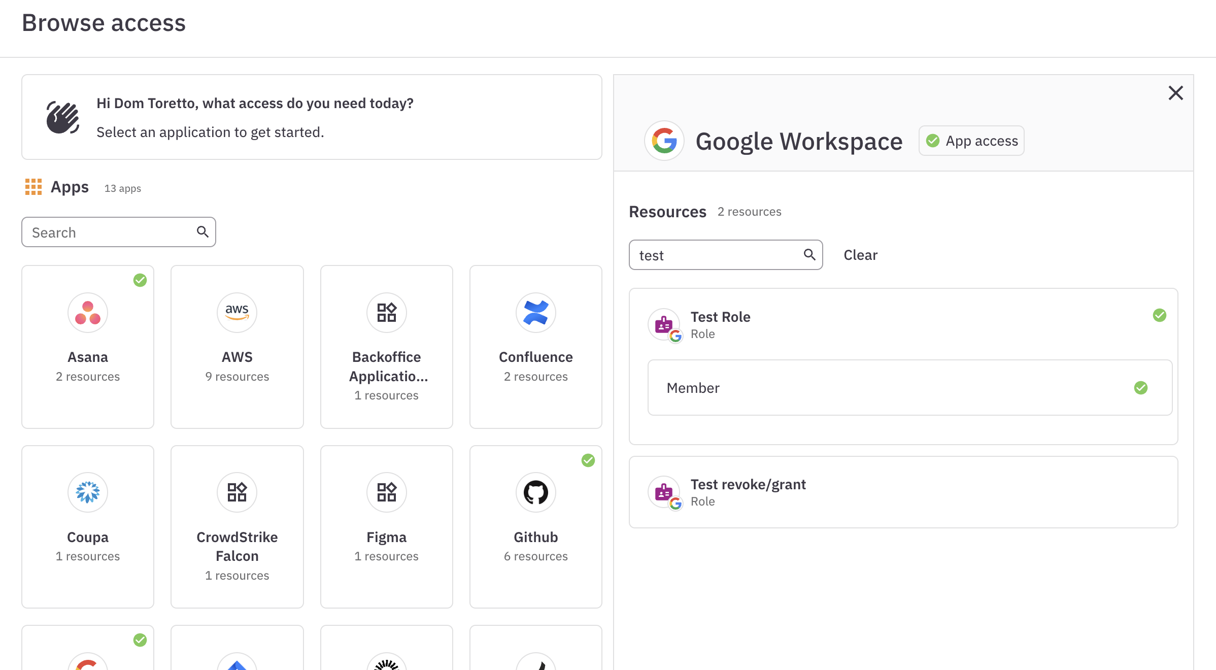 A detail from the Browse access page showing Google Workspace with a green checkmark labeled app access and a green checkmark next to the Member entitlement on the Test role.