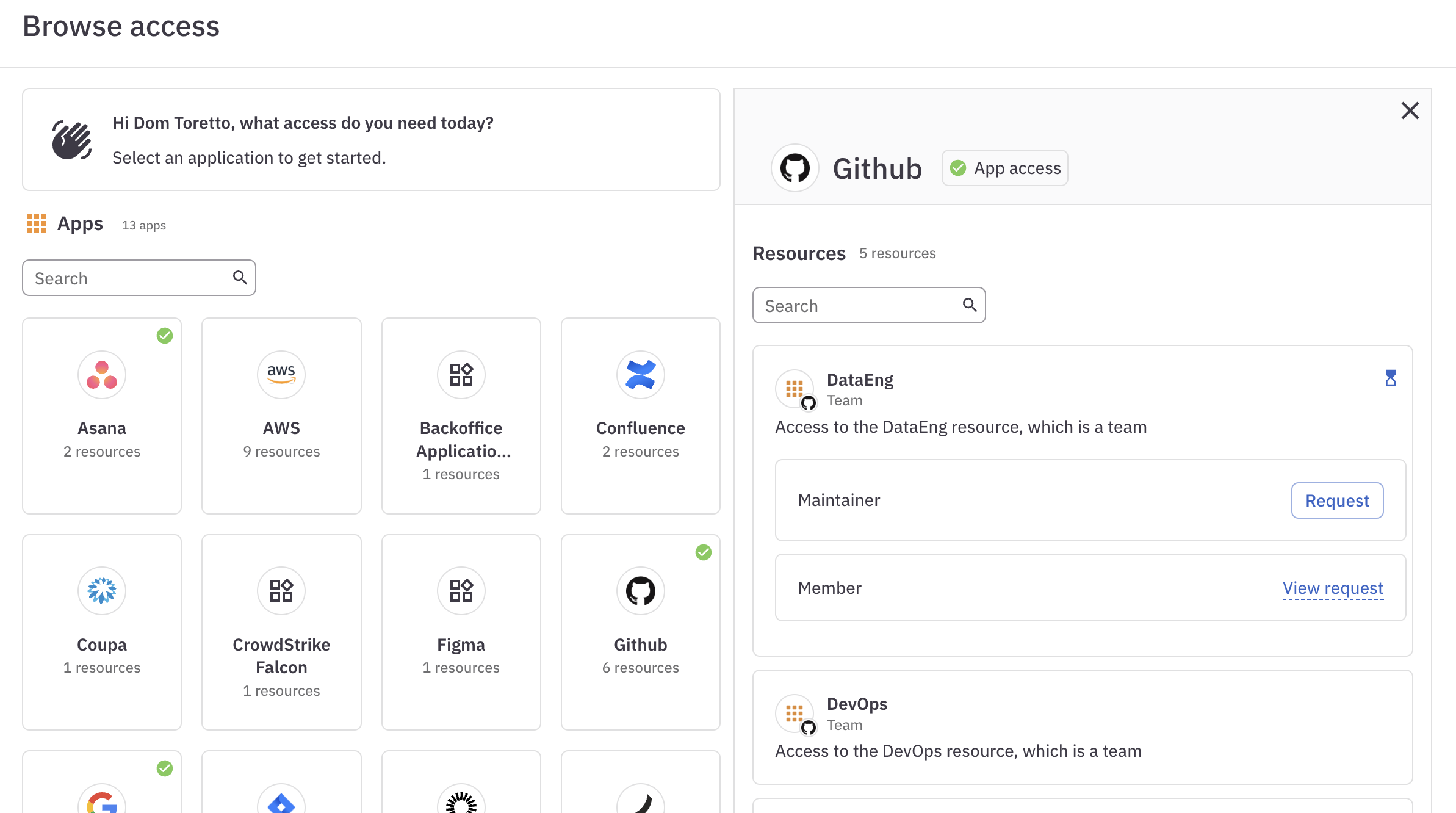 A detail from the Browse access page showing an hourglass icon next to the GitHub DataEng team resource and a View request link next to the Member entitlement for this resource.