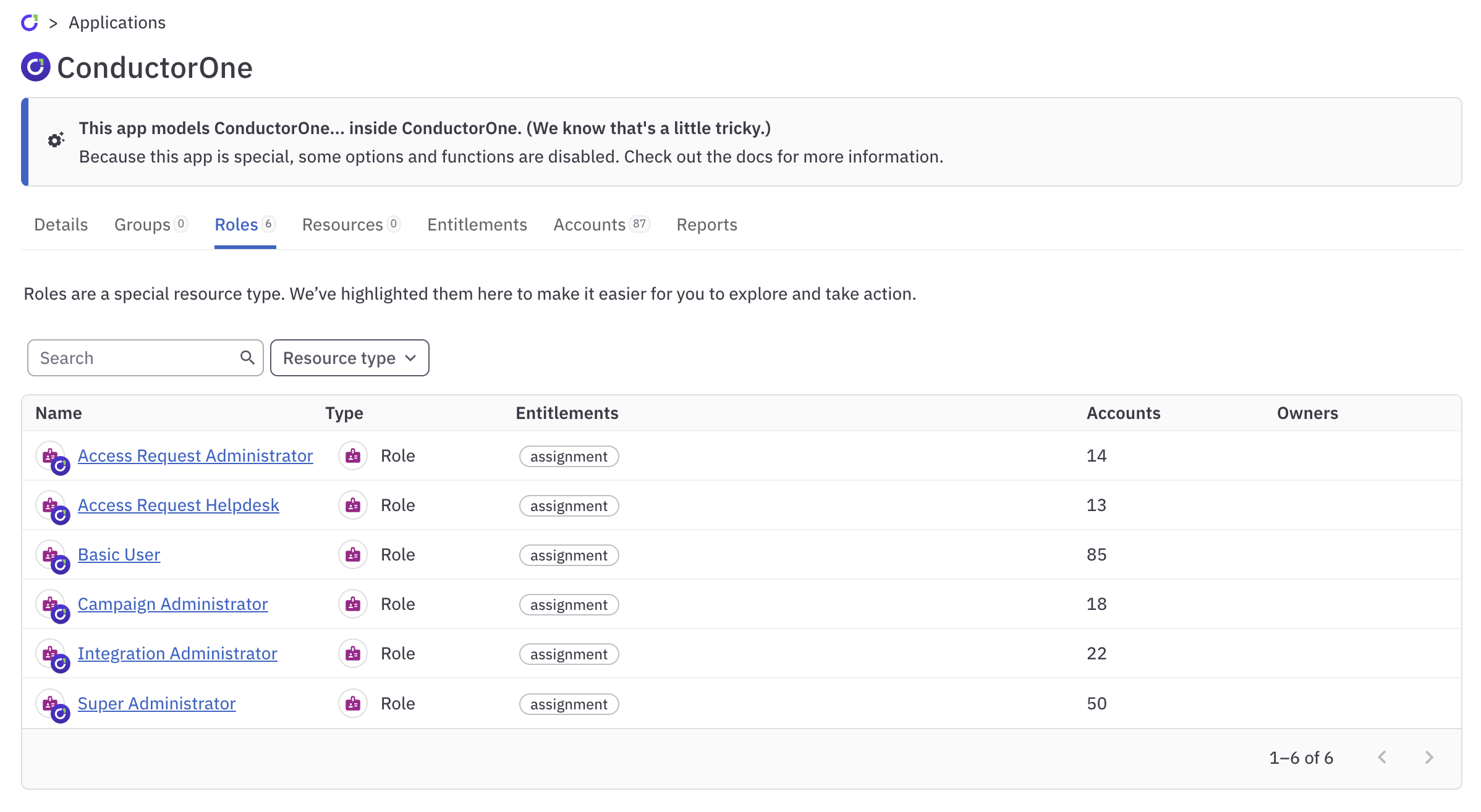 A screenshot of the ConductorOne app showing the Roles tab.