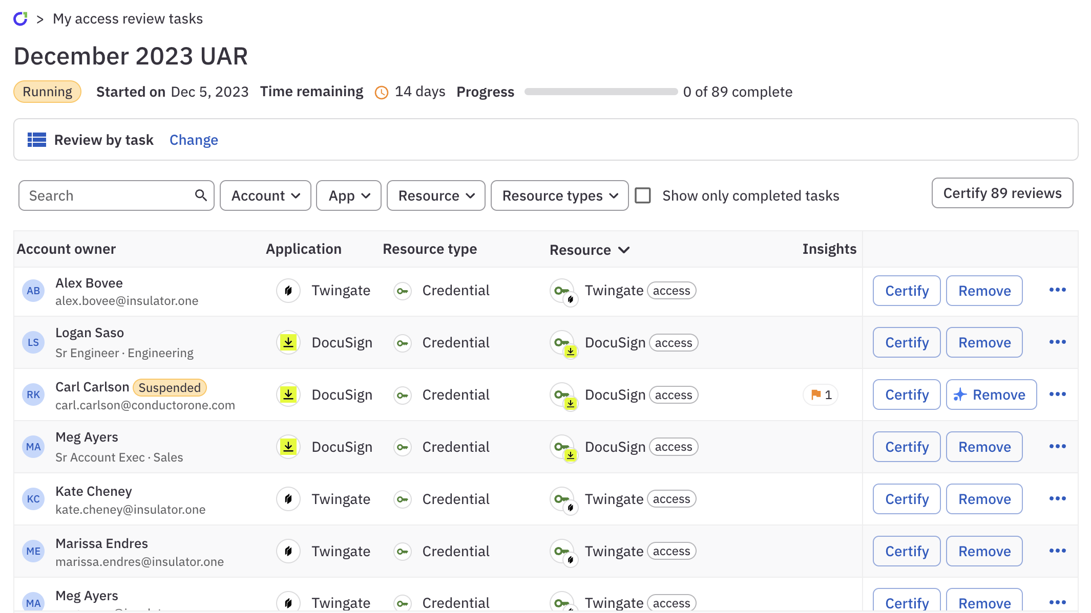 A list of campaign review tasks showing flags in the Insights column.