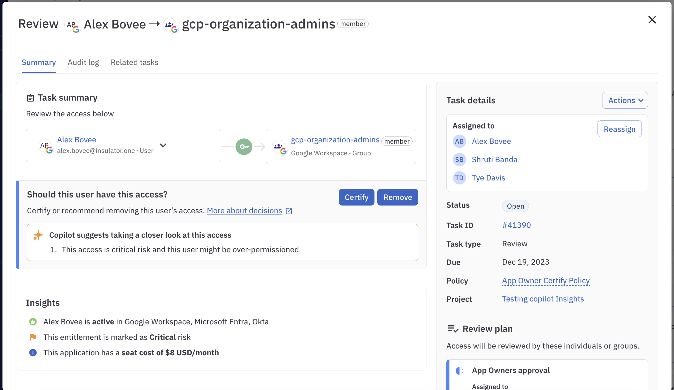 A review task's details screen showing a Copilot flag on an insight and a recommendation to take a closer look.