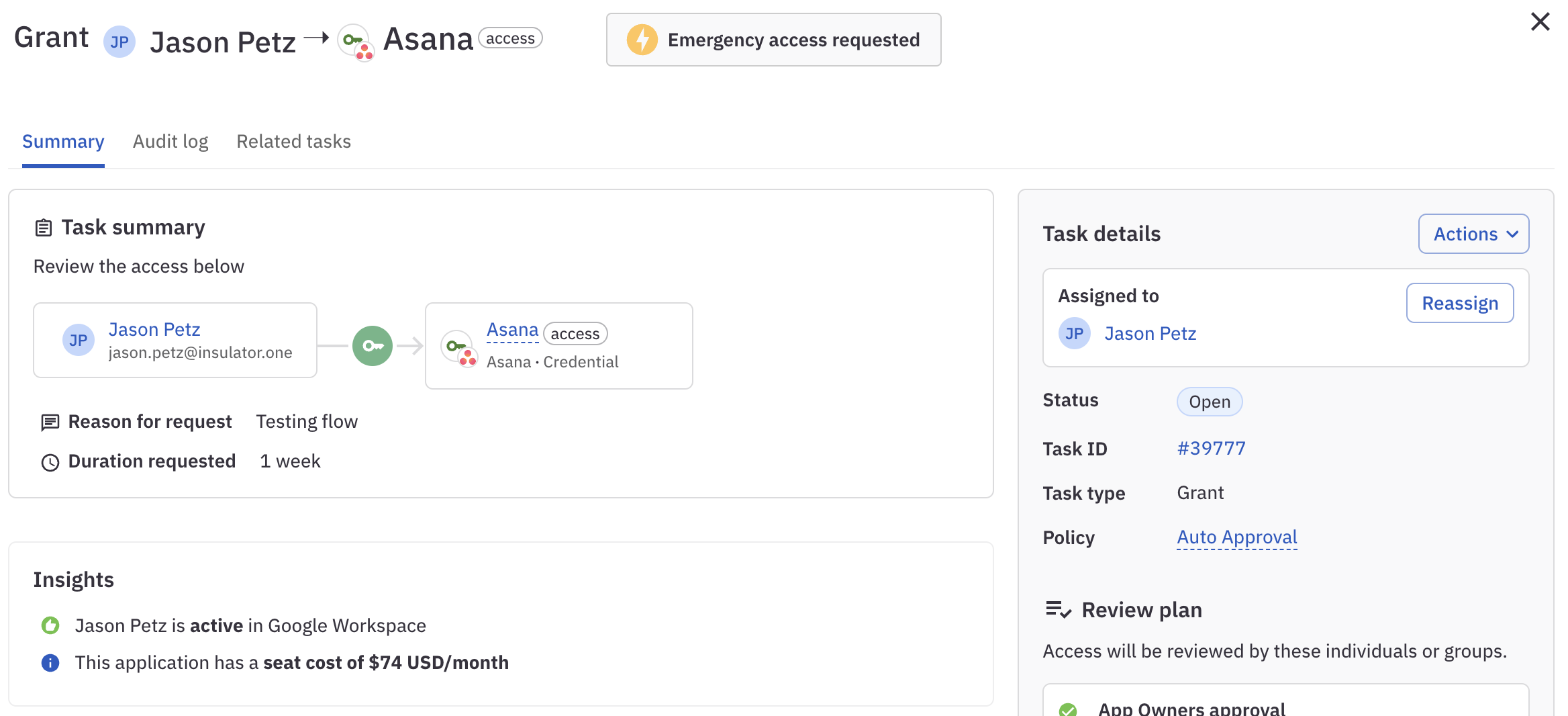 The detail view of a request task showing a list of Insights.