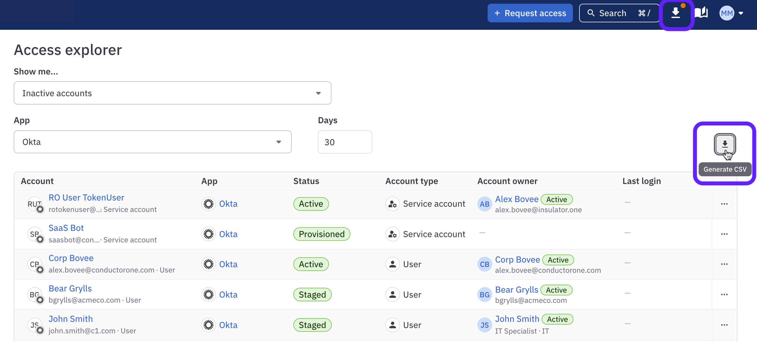 A query on the access explorer page with the generate CSV and download center buttons highlighted.