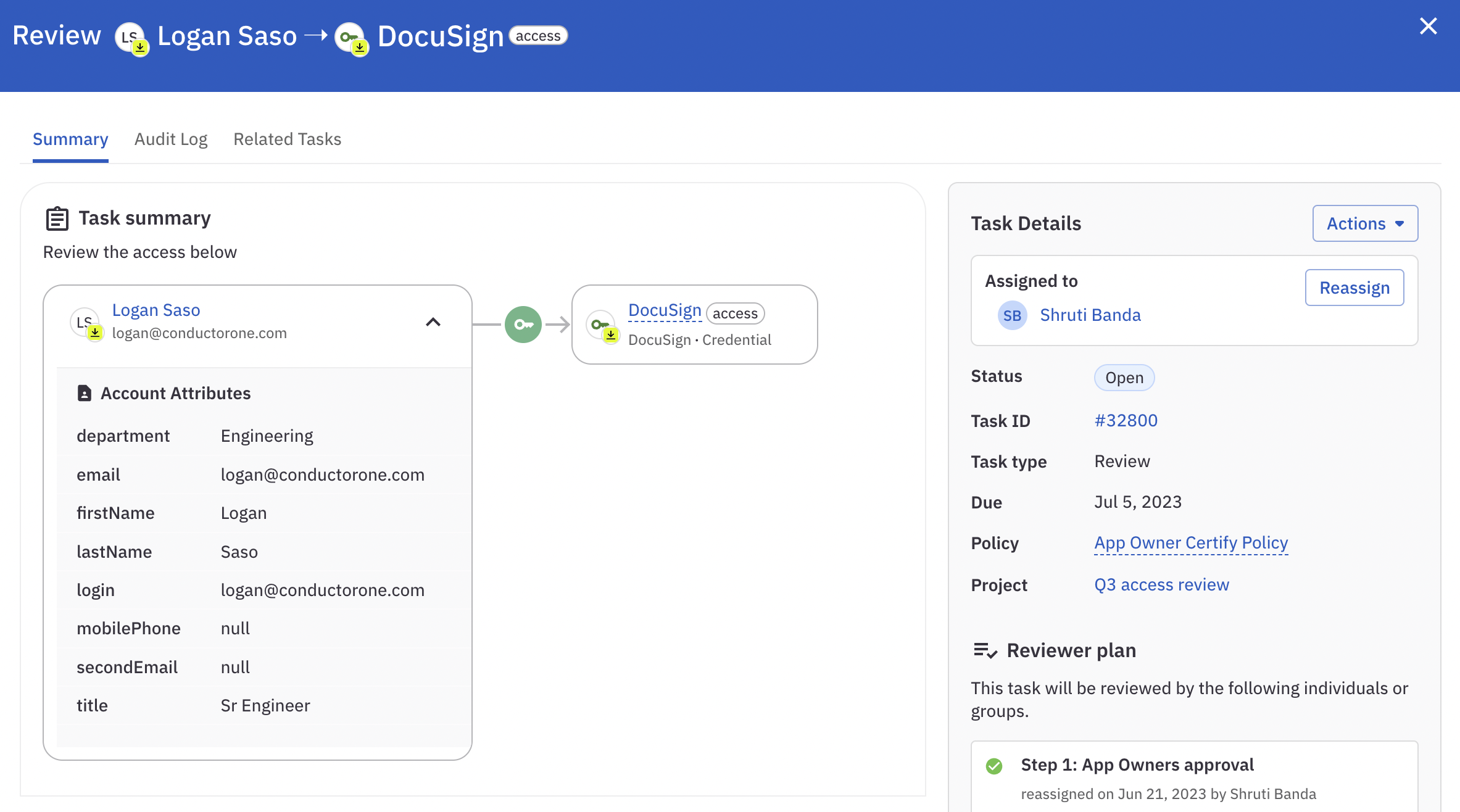 A task details page with the account attributes panel open.